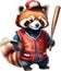 A cute red panda wearing a baseball uniform.
