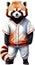 A cute red panda wearing a baseball uniform.