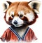 A cute red panda wearing a baseball uniform.