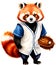 A cute red panda wearing a baseball uniform.