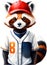 A cute red panda wearing a baseball uniform.