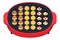 A cute red and round hot plate with lots of delicious takoyaki.