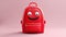 Cute red smiling backpack with pink background. Back to school concept