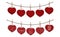 Cute red wooden hearts hanging on clothes pegs, blank and decorated with text I love you