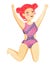 Cute redhair girl in purple swimsuit is jump. Bodypositive concept. Female Swimwear Design