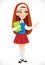 Cute redhaired schoolgirl holds book in her hand and points to the side with a pencil