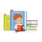 Cute redhead boy reading a book next to a pile of books, kid enjoying reading, colorful character vector Illustration