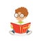 Cute redhead boy wearing glasses reading a book, kid enjoying reading, colorful character vector Illustration