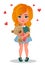 Cute redhead cartoon girl holding toy Teddy bear.