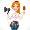 Cute redhead girl hairdresser with hair dryer and hairbrush