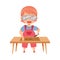 Cute Redhead Girl Wearing Protective Goggles at Table Woodworking Wood Carving on Timber Plank Vector Illustration