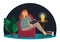 Cute redhead lady in glasses sitting in comfy armchair and reading book. Adorable young woman spending weekend at home