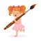 Cute redhead little girl in a pink dress holding giant paintbrush cartoon vector Illustration