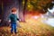 Cute redhead toddler baby boy walking in autumn park among colorful fallen leaves