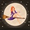 Cute redhead witch flying on a broom