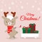 Cute reindeer cartoon carrying chirstmas gifts background.