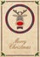 Cute reindeer in circle with red plaid pattern, on old paper background and test merry christmas, christmas card design