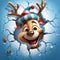 Cute Reindeer with hat and scarf coming out of hole crack in Christmas Winter scene background