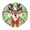 cute reindeer with a holly peeks out of a Christmas wreath