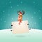 Cute Reindeer jumping with board on winter landscape - Christmas template poster