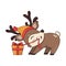 Cute reindeer in a knitted hat trying to open a Christmas present
