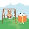 Cute reindeer in swing and bear reading