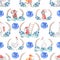 Cute rescue animals in frames blue flowers. Wild zoo in floral frames watercolor illustrations set. Goose, mouse cartoon