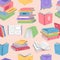 Cute retro books in colorful covers seamless pattern. Stacks of literature and textbooks for reading