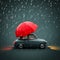 Cute retro car with red umbrella and heavy rain on teal background.