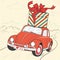 Cute retro card with lovely red vintage car with a gift on the roof and big bow. A car riding along a mountain road.