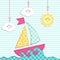 Cute retro card with ship, sea, clouds and sun as fabric applique