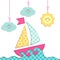 Cute retro card with ship, sea, clouds and sun as fabric applique