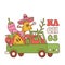 Cute retro cartoon nacho characters in pickup with fresh vegetables for cooking salsa sauce . Vector ventage mascot