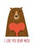 Cute retro hand drawn Valentine`s Day card as funny Bear with Heart and quote I Love You Beary Much