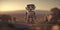 Cute retro rustic metal robot on a desert landscape. Toy innovative machine friend coming to say hello during sunset.