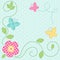 Cute retro spring card as patch fabric applique of flowers and butterflies