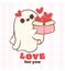 cute retro valentine ghost with love box, kawaii Valentine spooky love doodle hand drawing, greerting card, shirt design