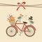 Cute retro wedding, birthday, baby shower card, invitation . Bicycle and birds. Autumn fall illustration background