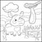 Cute rhinoceros in african landscape. Children coloring page  illustration. Wild nature scene with funny rhino