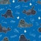 Cute ringed seals, nerpas, cartoon drawing adorable animals on blue background with handwritten elements seamless pattern,