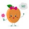 Cute ripe apricot cartoon character with a pink bow holding a flower and welcomes. Logo, template, design. Vector