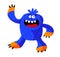 Cute Roaring Monster with Funny Face, Fangs, Blue Hairy Body and Claws. Alien or Big Foot with Long Sharp-clawed Arms