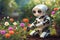 Cute robot admiring flowers in garden