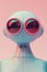 A cute robot with big eyes and a friendly expression on its face. The robot is blue and pink and has a retro, 1950s design