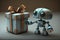 cute robot, bringing surprise to its owner, by giving a present with cute bow on top