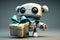cute robot, bringing surprise to its owner, by giving a present with cute bow on top