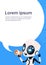 Cute Robot Chatbot Holding Megaphone Message Over Chat Bubble Background With Copy Space