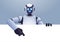 cute robot cyborg pointing at empty blank white board modern robotic character artificial intelligence technology