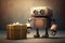 cute robot with gift box and mysterious present, ready to surprise