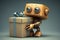 cute robot with gift box and mysterious present, ready to surprise